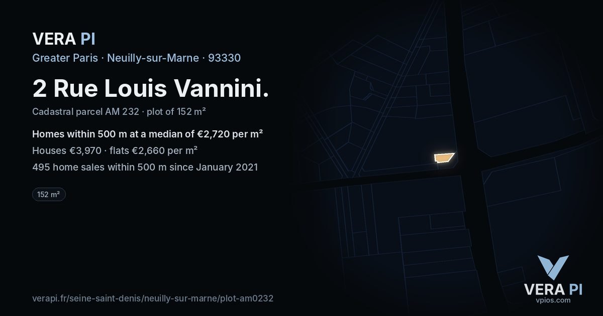 2 Rue Louis Vannini, Neuilly-sur-Marne at night – the plot lit, the parcels around coloured by the prices near them