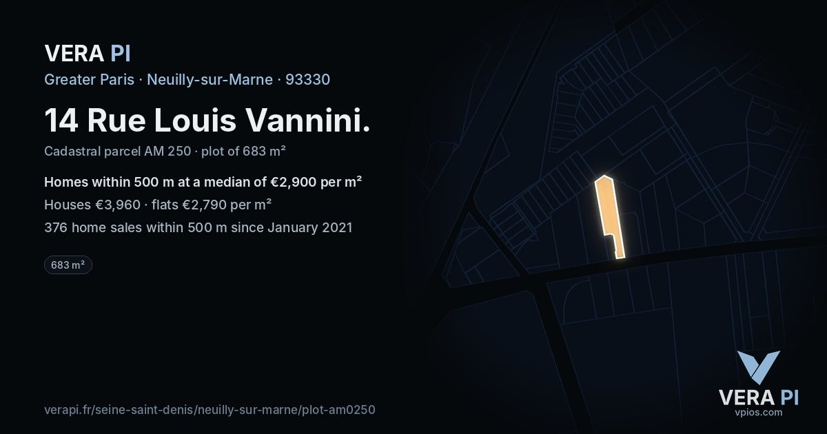 14 Rue Louis Vannini, Neuilly-sur-Marne at night – the plot lit, the parcels around coloured by the prices near them