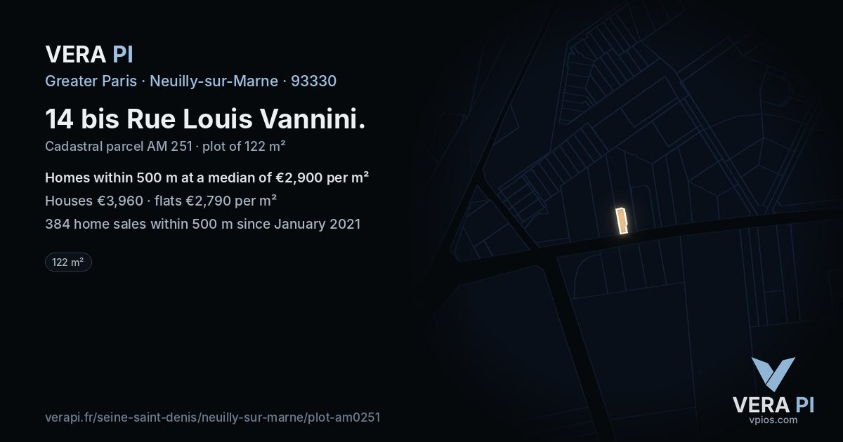14 bis Rue Louis Vannini, Neuilly-sur-Marne at night – the plot lit, the parcels around coloured by the prices near them