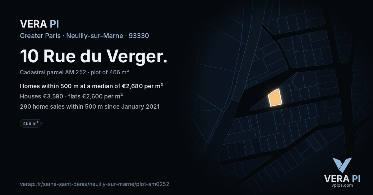 10 Rue du Verger, Neuilly-sur-Marne at night – the plot lit, the parcels around coloured by the prices near them