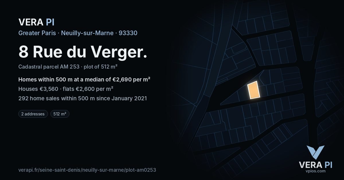 8 Rue du Verger, Neuilly-sur-Marne at night – the plot lit, the parcels around coloured by the prices near them
