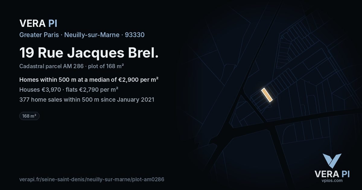 19 Rue Jacques Brel, Neuilly-sur-Marne at night – the plot lit, the parcels around coloured by the prices near them