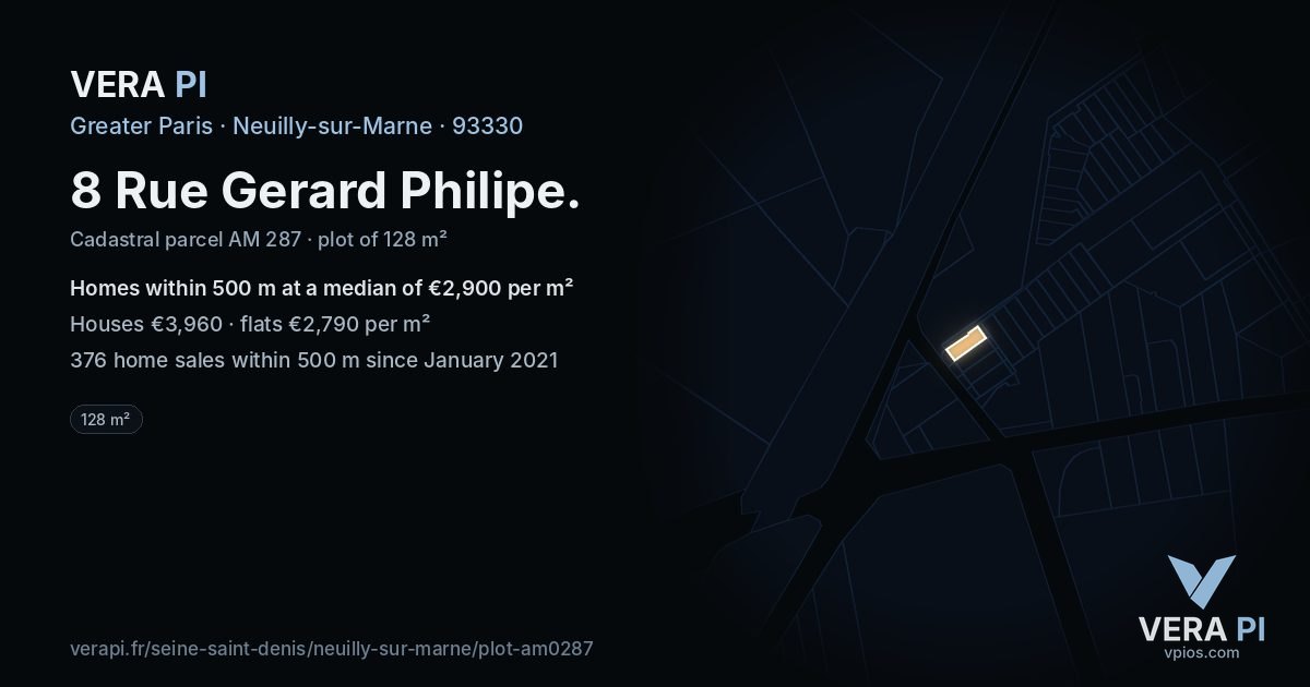 8 Rue Gerard Philipe, Neuilly-sur-Marne at night – the plot lit, the parcels around coloured by the prices near them
