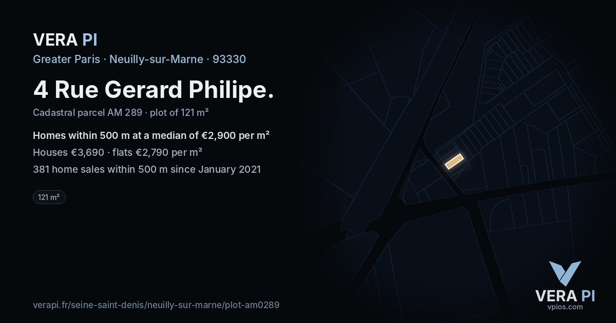 4 Rue Gerard Philipe, Neuilly-sur-Marne at night – the plot lit, the parcels around coloured by the prices near them