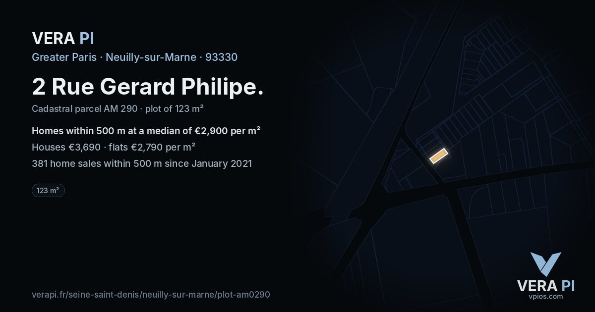 2 Rue Gerard Philipe, Neuilly-sur-Marne at night – the plot lit, the parcels around coloured by the prices near them