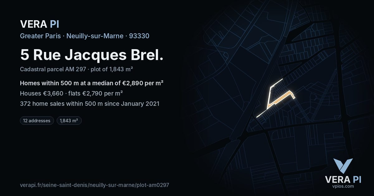 5 Rue Jacques Brel, Neuilly-sur-Marne at night – the plot lit, the parcels around coloured by the prices near them