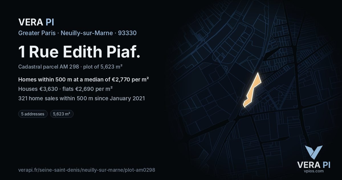 1 Rue Edith Piaf, Neuilly-sur-Marne at night – the plot lit, the parcels around coloured by the prices near them