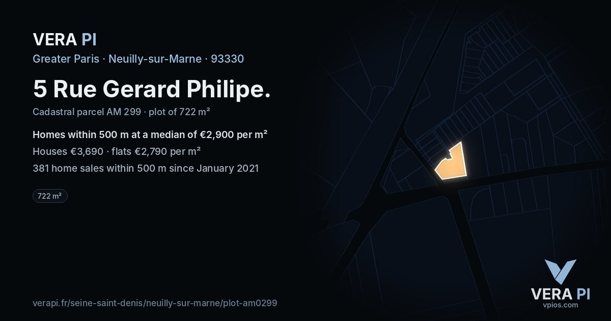 5 Rue Gerard Philipe, Neuilly-sur-Marne at night – the plot lit, the parcels around coloured by the prices near them