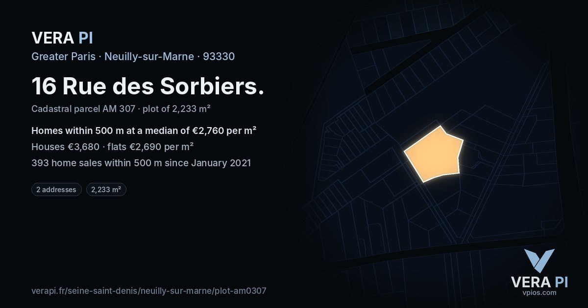16 Rue des Sorbiers, Neuilly-sur-Marne at night – the plot lit, the parcels around coloured by the prices near them