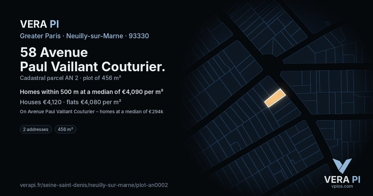 58 Avenue Paul Vaillant Couturier, Neuilly-sur-Marne at night – the plot lit, the parcels around coloured by the prices near them