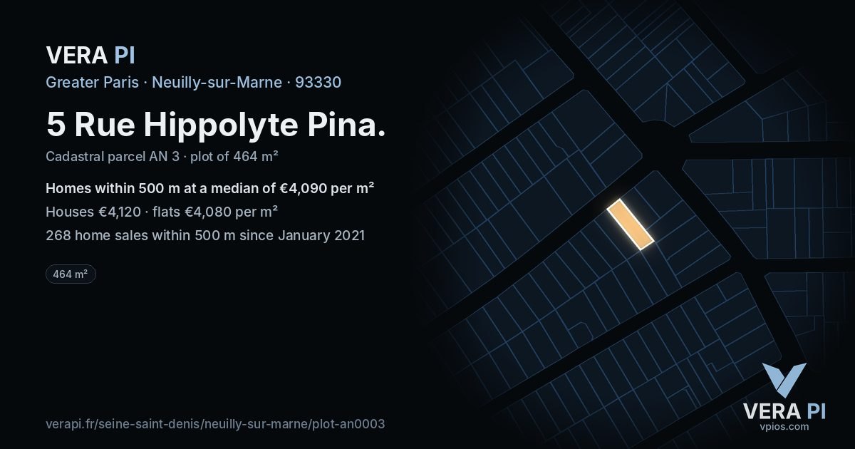 5 Rue Hippolyte Pina, Neuilly-sur-Marne at night – the plot lit, the parcels around coloured by the prices near them