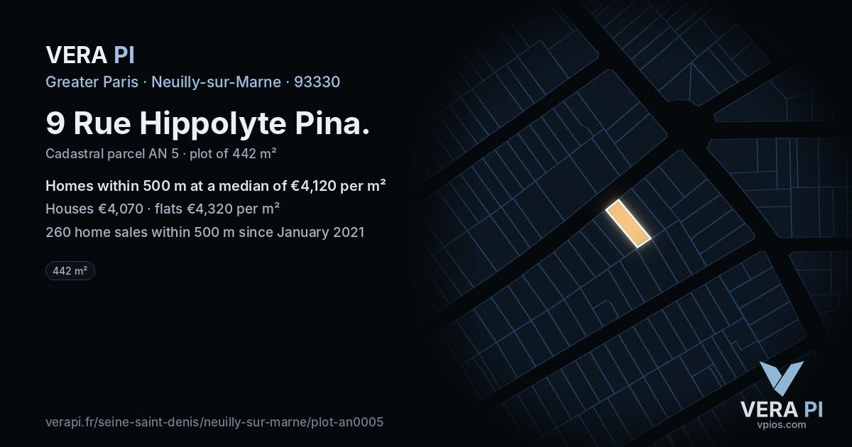 9 Rue Hippolyte Pina, Neuilly-sur-Marne at night – the plot lit, the parcels around coloured by the prices near them