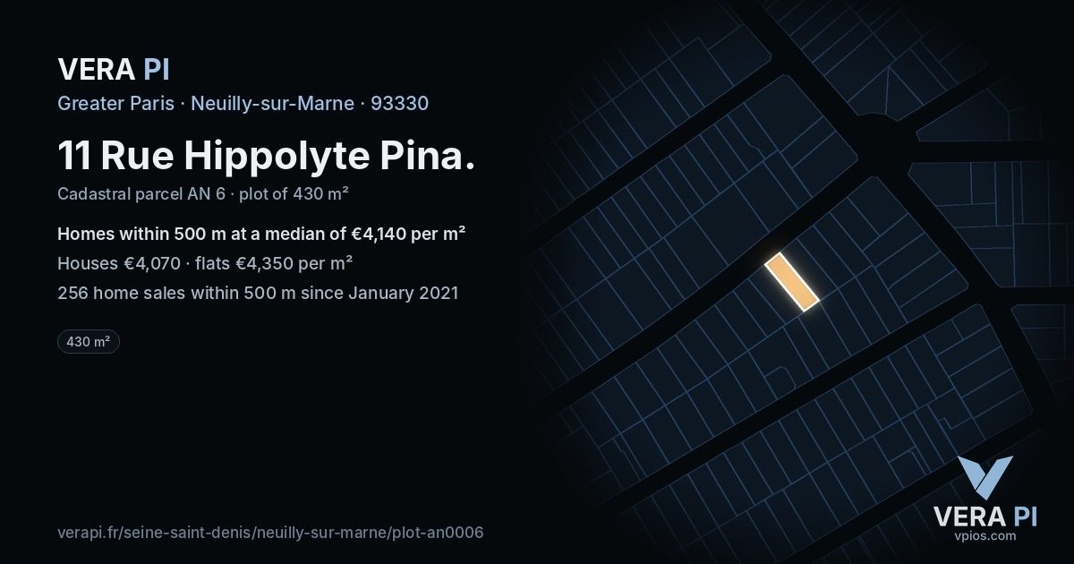 11 Rue Hippolyte Pina, Neuilly-sur-Marne at night – the plot lit, the parcels around coloured by the prices near them