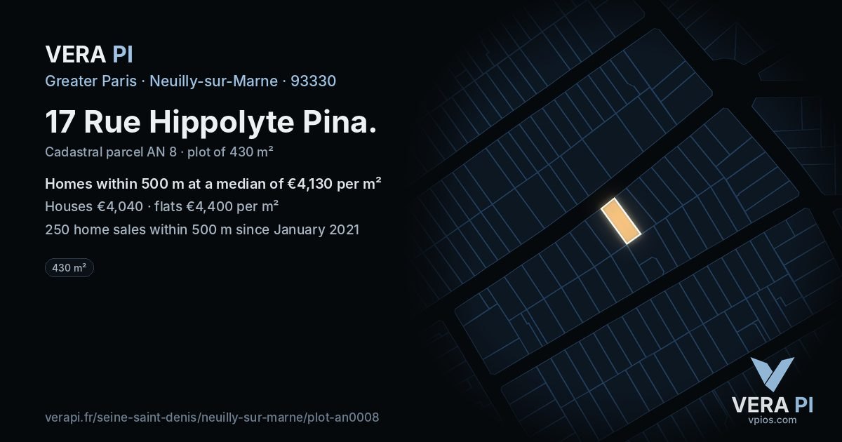 17 Rue Hippolyte Pina, Neuilly-sur-Marne at night – the plot lit, the parcels around coloured by the prices near them