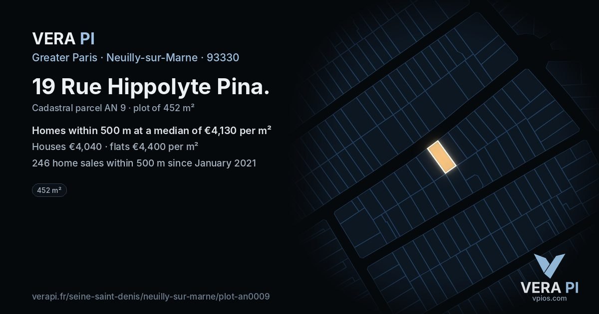 19 Rue Hippolyte Pina, Neuilly-sur-Marne at night – the plot lit, the parcels around coloured by the prices near them
