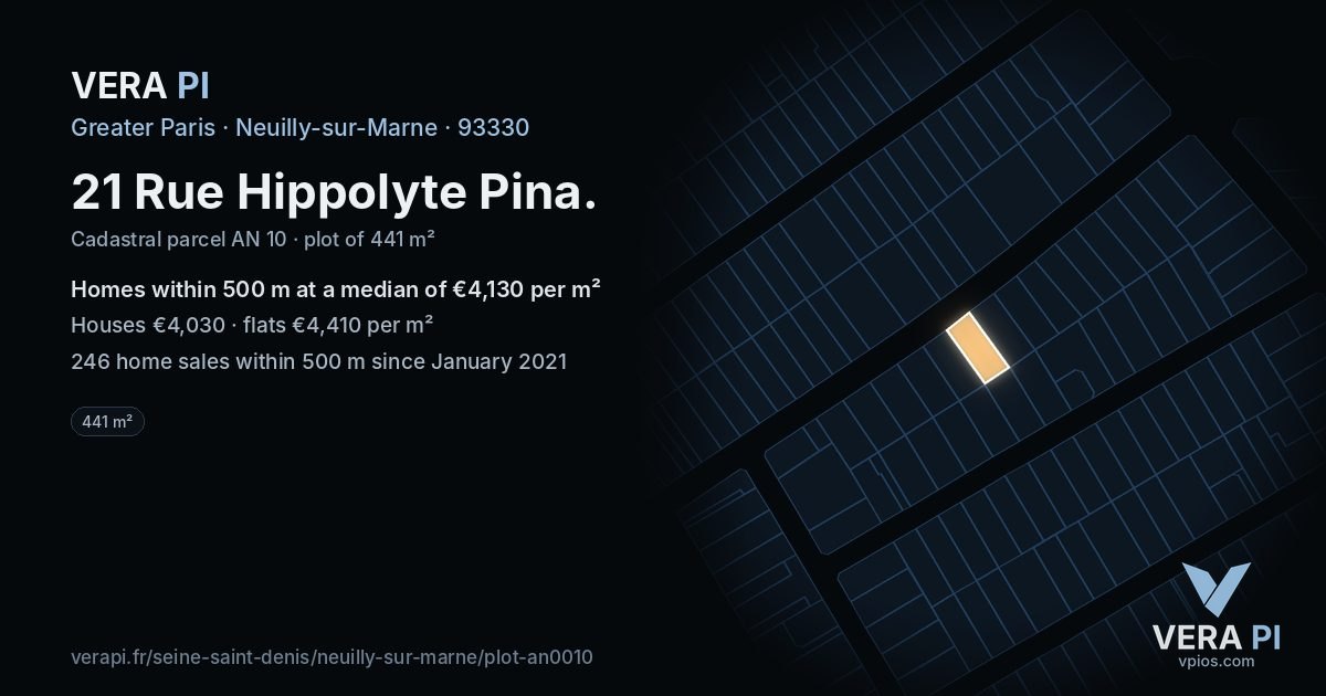 21 Rue Hippolyte Pina, Neuilly-sur-Marne at night – the plot lit, the parcels around coloured by the prices near them