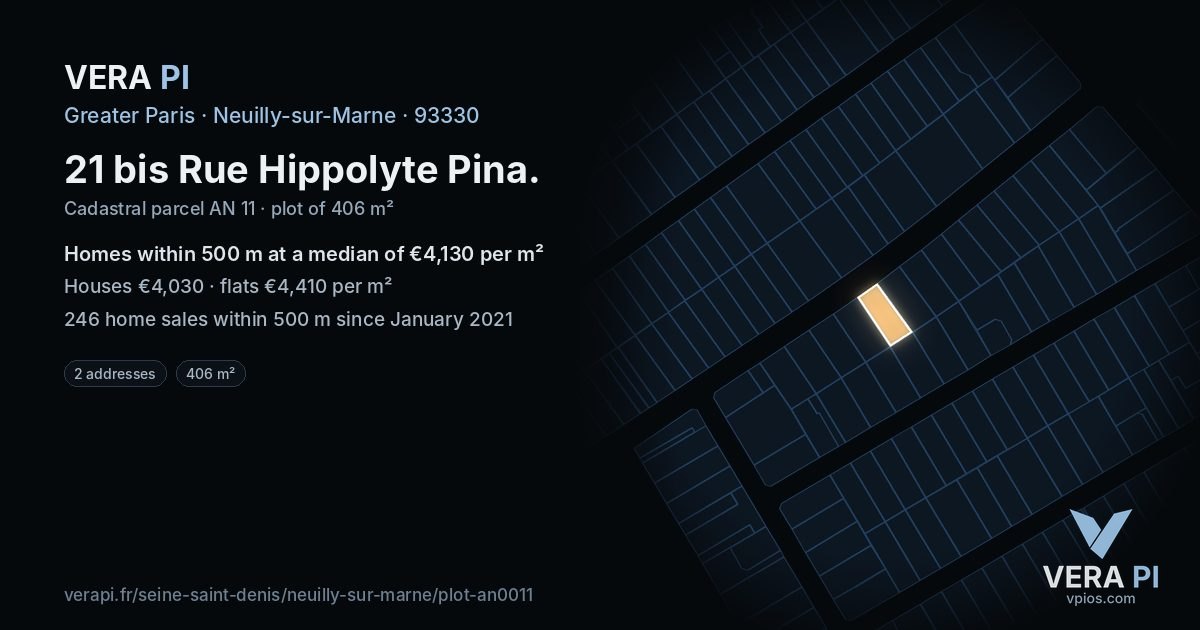 21 bis Rue Hippolyte Pina, Neuilly-sur-Marne at night – the plot lit, the parcels around coloured by the prices near them