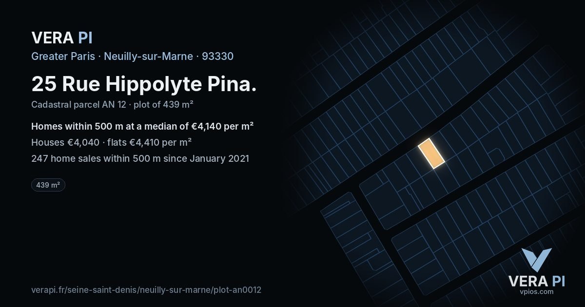 25 Rue Hippolyte Pina, Neuilly-sur-Marne at night – the plot lit, the parcels around coloured by the prices near them