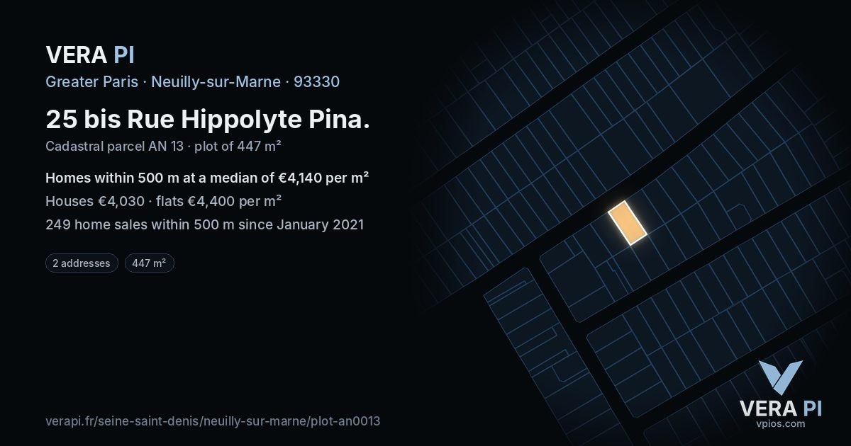 25 bis Rue Hippolyte Pina, Neuilly-sur-Marne at night – the plot lit, the parcels around coloured by the prices near them