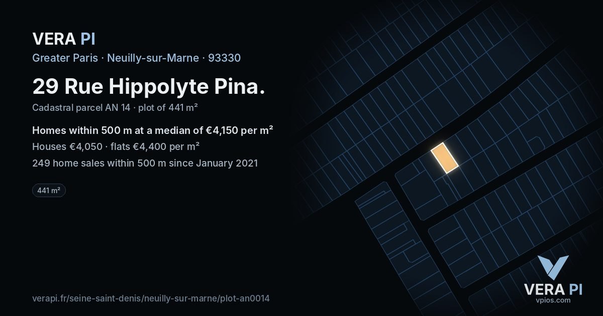 29 Rue Hippolyte Pina, Neuilly-sur-Marne at night – the plot lit, the parcels around coloured by the prices near them