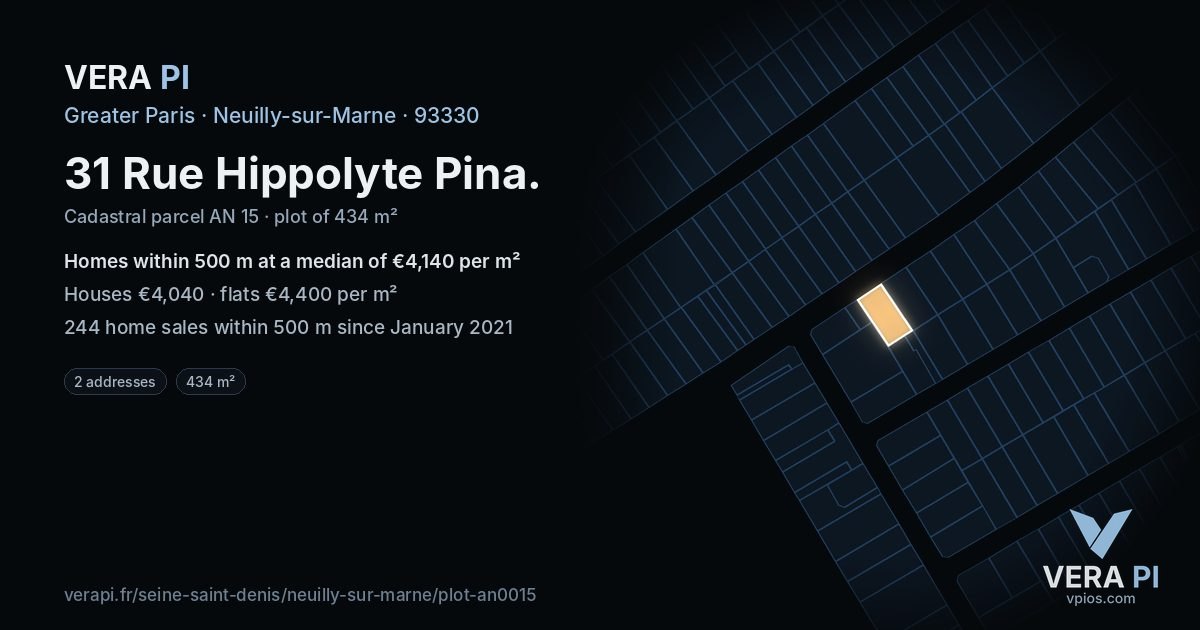 31 Rue Hippolyte Pina, Neuilly-sur-Marne at night – the plot lit, the parcels around coloured by the prices near them