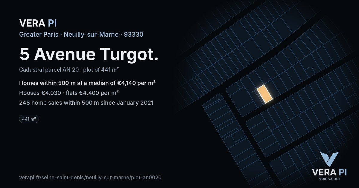 5 Avenue Turgot, Neuilly-sur-Marne at night – the plot lit, the parcels around coloured by the prices near them