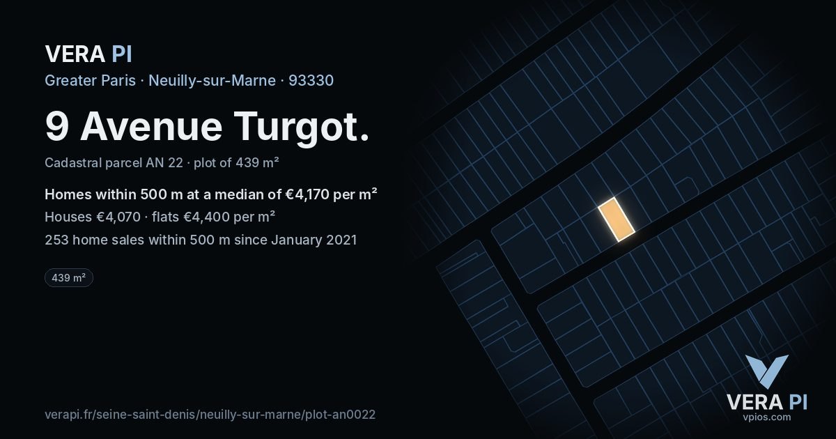 9 Avenue Turgot, Neuilly-sur-Marne at night – the plot lit, the parcels around coloured by the prices near them