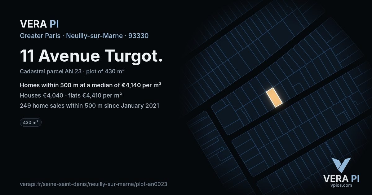 11 Avenue Turgot, Neuilly-sur-Marne at night – the plot lit, the parcels around coloured by the prices near them