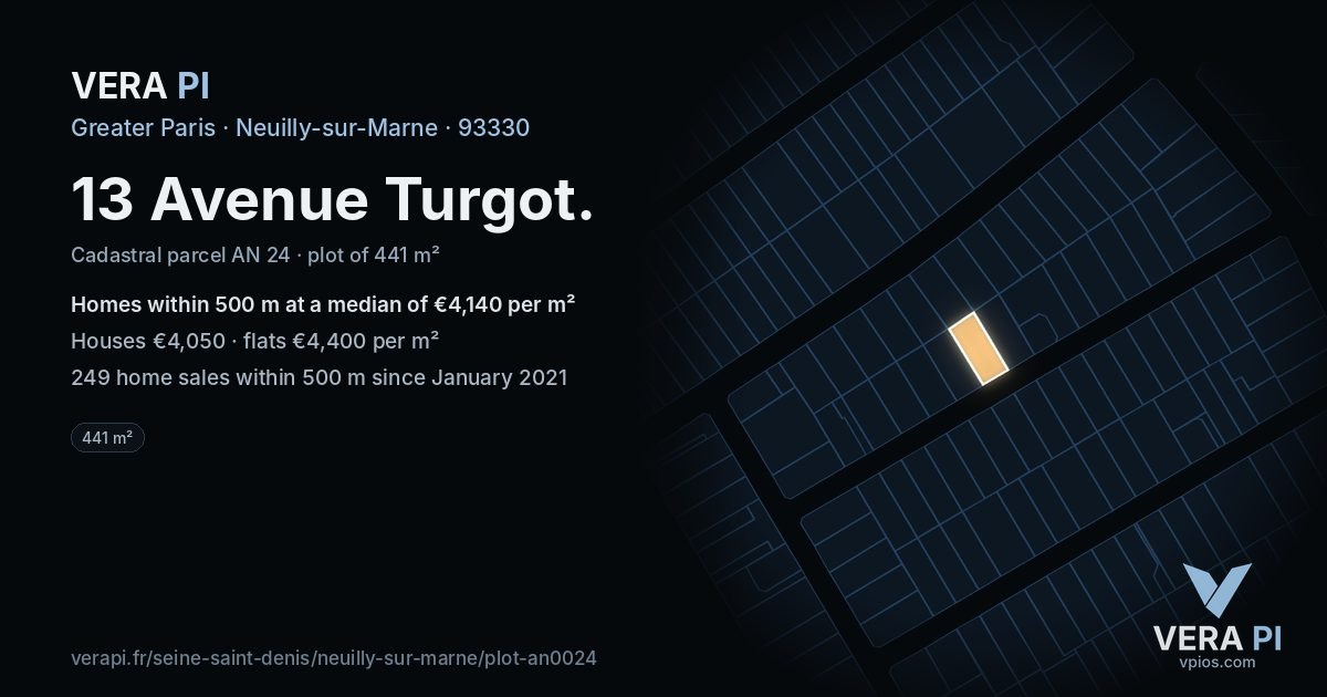 13 Avenue Turgot, Neuilly-sur-Marne at night – the plot lit, the parcels around coloured by the prices near them