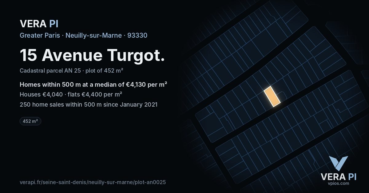 15 Avenue Turgot, Neuilly-sur-Marne at night – the plot lit, the parcels around coloured by the prices near them