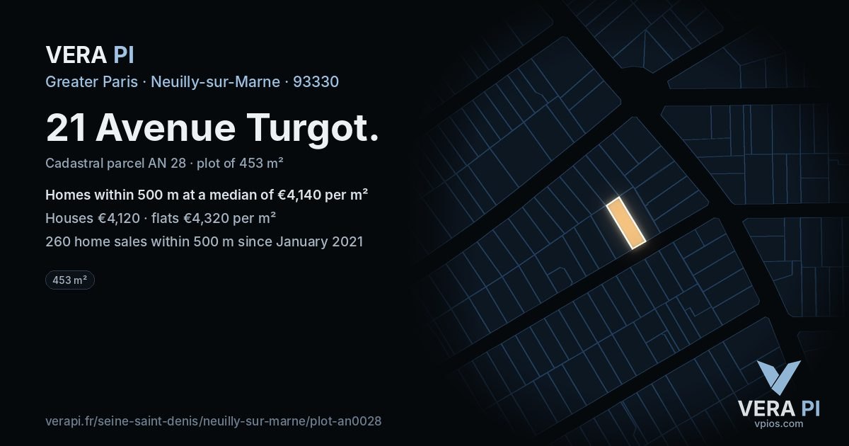 21 Avenue Turgot, Neuilly-sur-Marne at night – the plot lit, the parcels around coloured by the prices near them