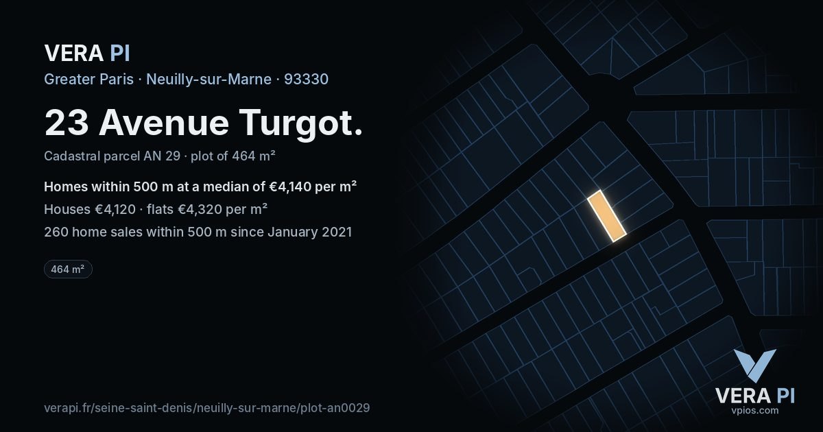 23 Avenue Turgot, Neuilly-sur-Marne at night – the plot lit, the parcels around coloured by the prices near them