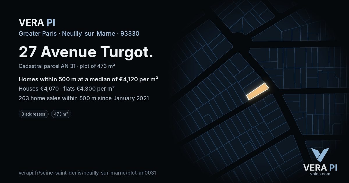 27 Avenue Turgot, Neuilly-sur-Marne at night – the plot lit, the parcels around coloured by the prices near them
