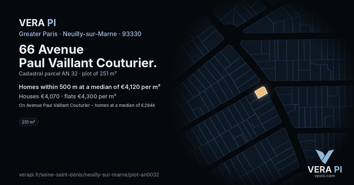 66 Avenue Paul Vaillant Couturier, Neuilly-sur-Marne at night – the plot lit, the parcels around coloured by the prices near them