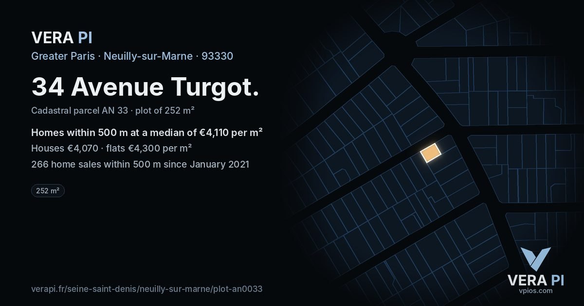 34 Avenue Turgot, Neuilly-sur-Marne at night – the plot lit, the parcels around coloured by the prices near them