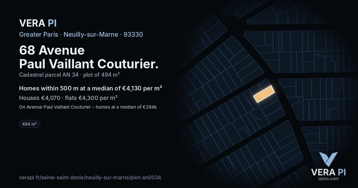 68 Avenue Paul Vaillant Couturier, Neuilly-sur-Marne at night – the plot lit, the parcels around coloured by the prices near them