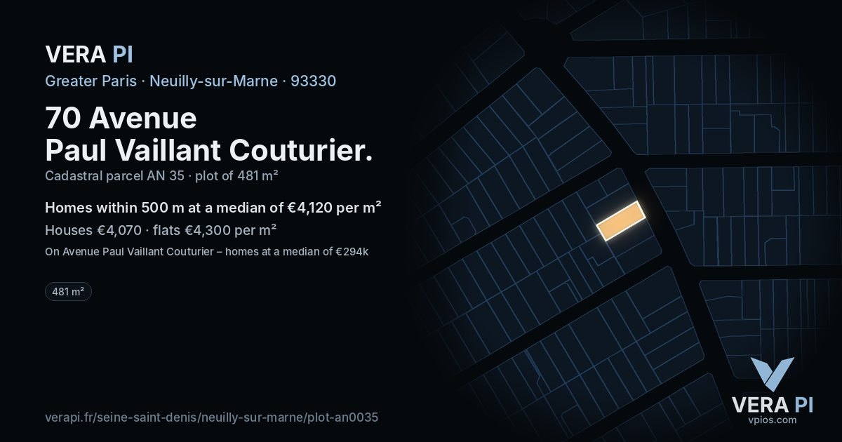 70 Avenue Paul Vaillant Couturier, Neuilly-sur-Marne at night – the plot lit, the parcels around coloured by the prices near them