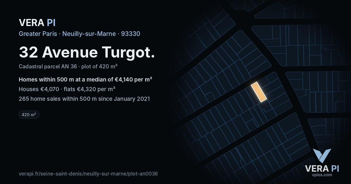 32 Avenue Turgot, Neuilly-sur-Marne at night – the plot lit, the parcels around coloured by the prices near them