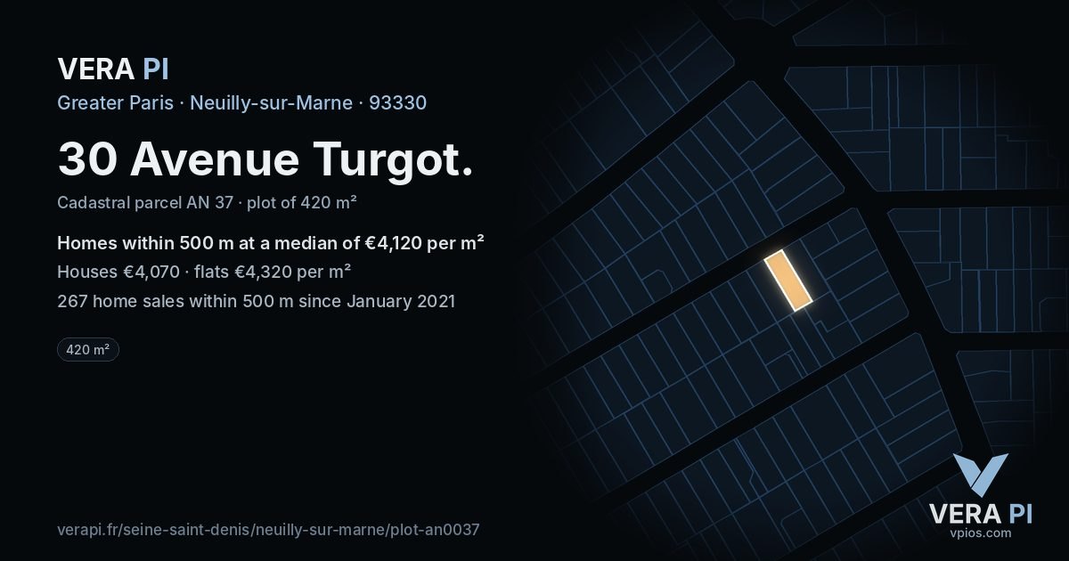 30 Avenue Turgot, Neuilly-sur-Marne at night – the plot lit, the parcels around coloured by the prices near them