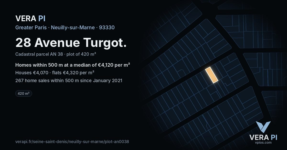 28 Avenue Turgot, Neuilly-sur-Marne at night – the plot lit, the parcels around coloured by the prices near them