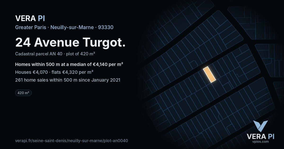 24 Avenue Turgot, Neuilly-sur-Marne at night – the plot lit, the parcels around coloured by the prices near them