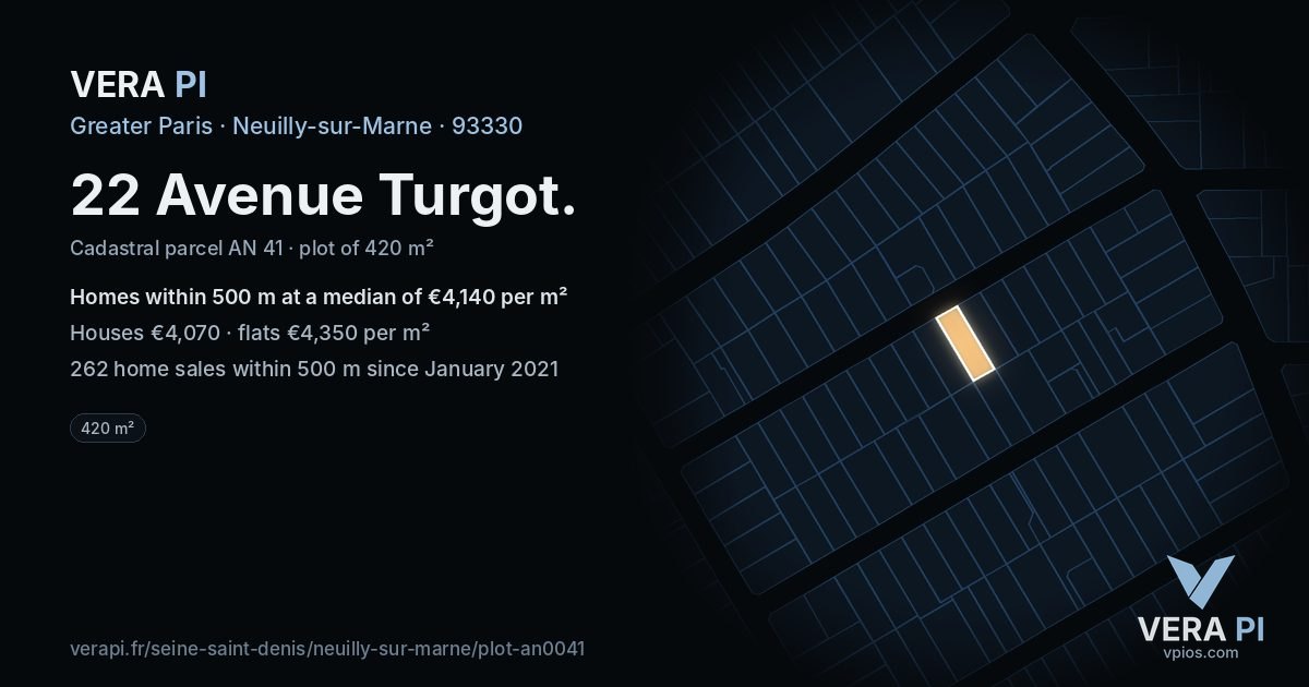 22 Avenue Turgot, Neuilly-sur-Marne at night – the plot lit, the parcels around coloured by the prices near them