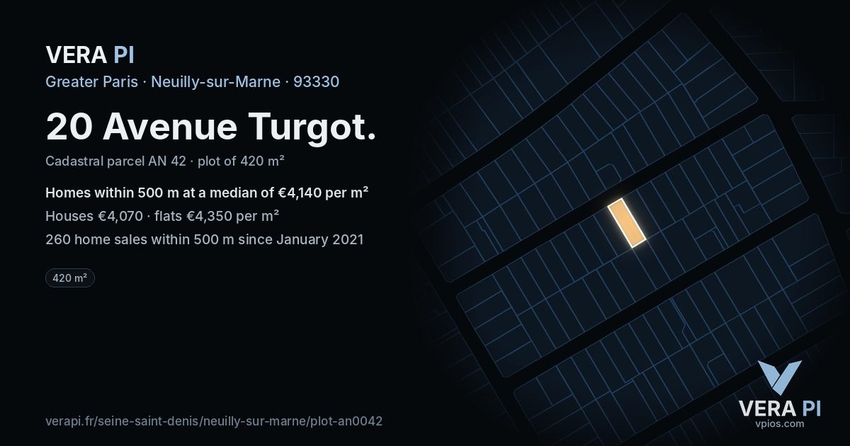 20 Avenue Turgot, Neuilly-sur-Marne at night – the plot lit, the parcels around coloured by the prices near them