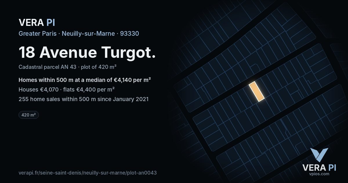 18 Avenue Turgot, Neuilly-sur-Marne at night – the plot lit, the parcels around coloured by the prices near them