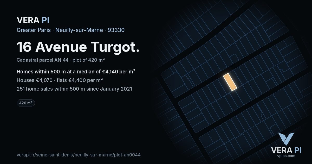 16 Avenue Turgot, Neuilly-sur-Marne at night – the plot lit, the parcels around coloured by the prices near them