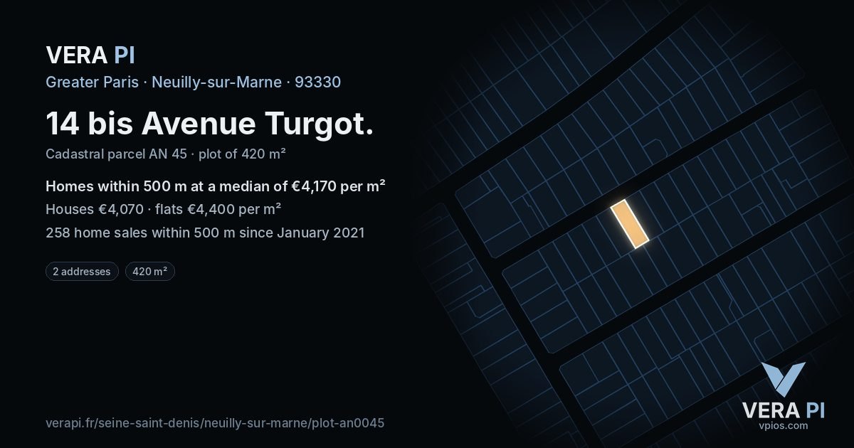 14 bis Avenue Turgot, Neuilly-sur-Marne at night – the plot lit, the parcels around coloured by the prices near them