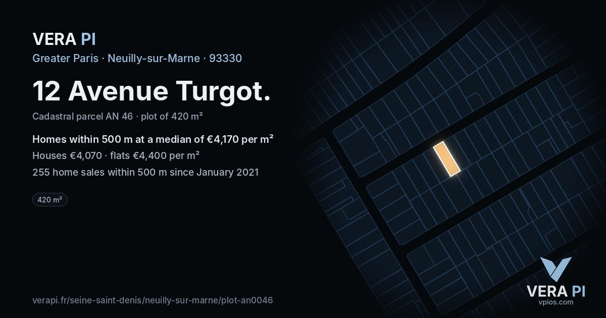 12 Avenue Turgot, Neuilly-sur-Marne at night – the plot lit, the parcels around coloured by the prices near them