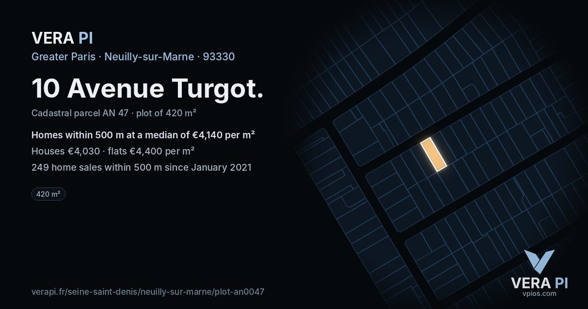 10 Avenue Turgot, Neuilly-sur-Marne at night – the plot lit, the parcels around coloured by the prices near them