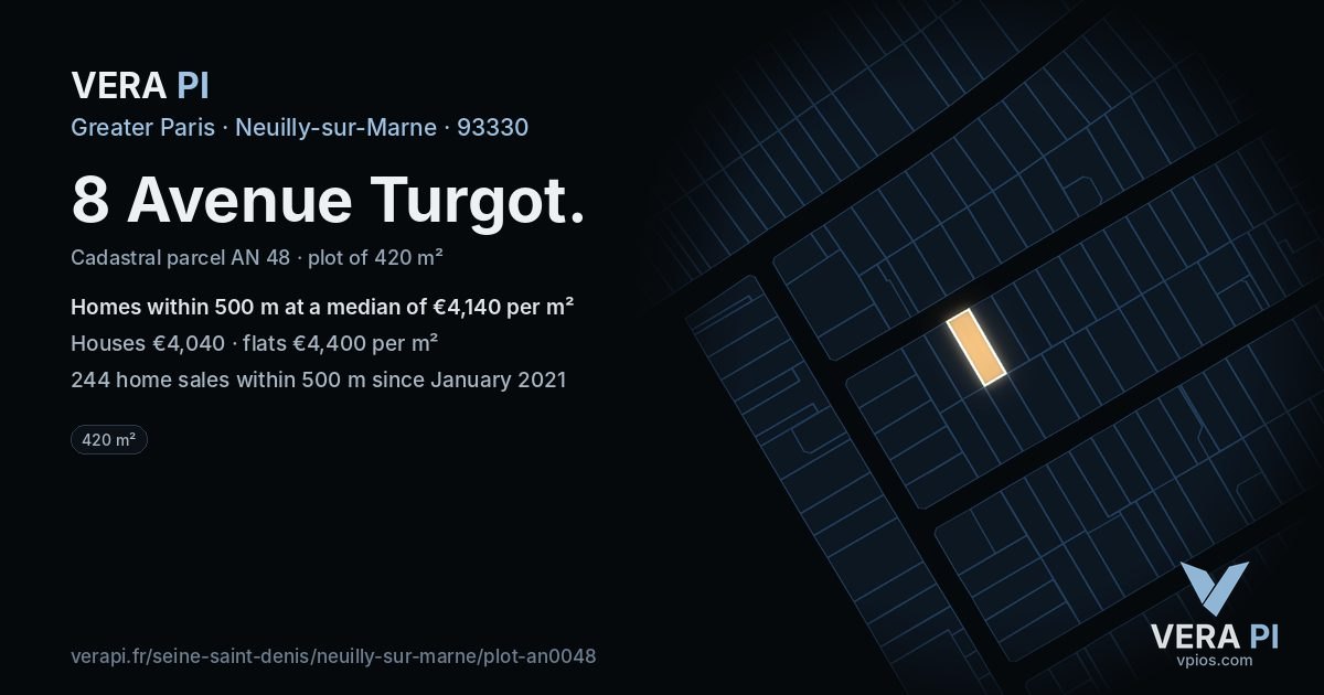 8 Avenue Turgot, Neuilly-sur-Marne at night – the plot lit, the parcels around coloured by the prices near them