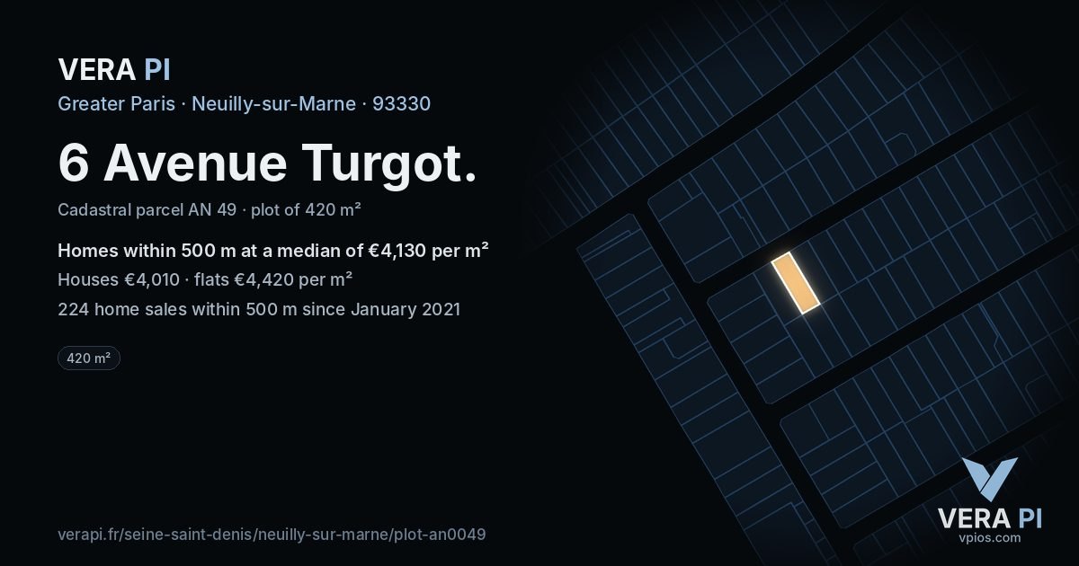 6 Avenue Turgot, Neuilly-sur-Marne at night – the plot lit, the parcels around coloured by the prices near them